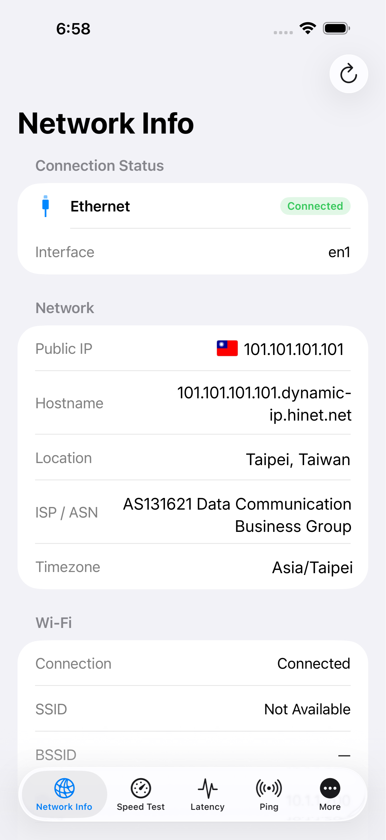 NetAnalyzer network information screen