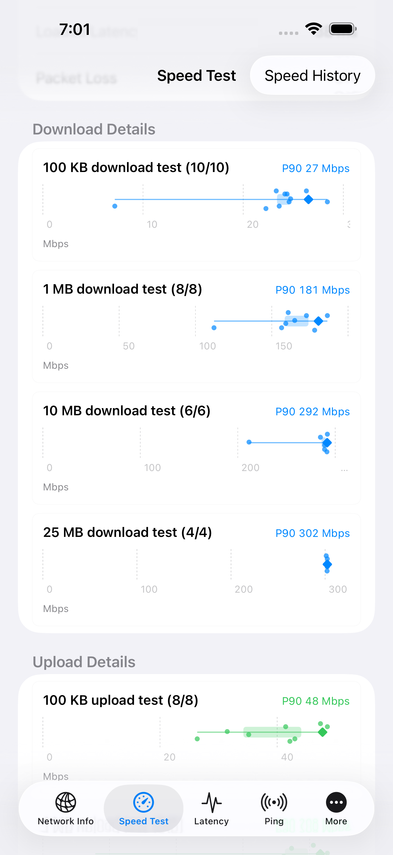 NetAnalyzer speed test result details